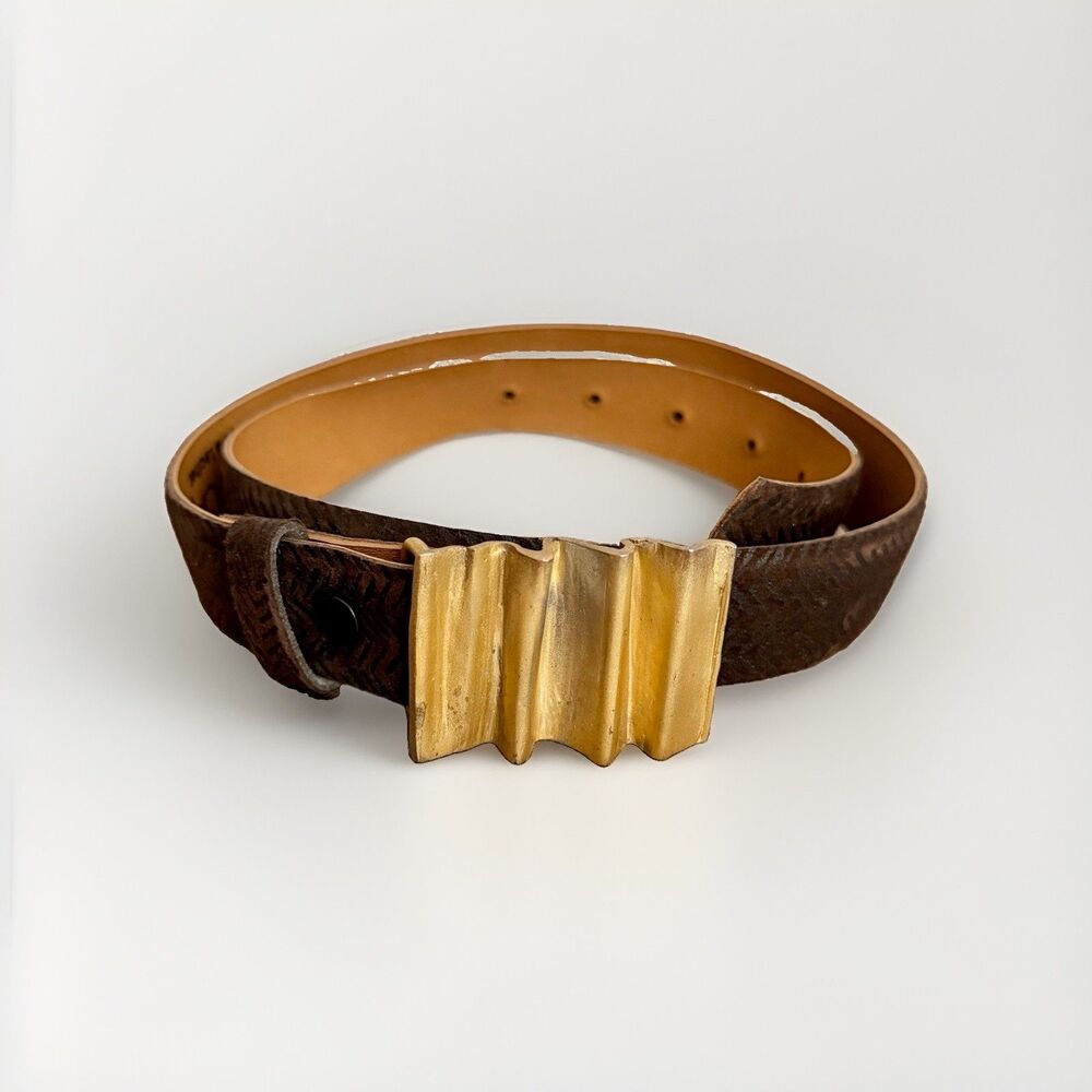 Elaine Coyne Vintage Fine Leather Gold Buckle Brown Herringbone Belt Size M